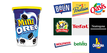 Photo marques : Mini oreo, dim, poulain, oasis, tefal, neutrogena, betiva, hollywood