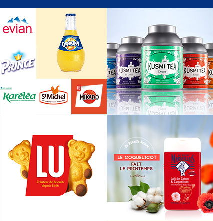 Photo marques : evian, prince, orangina, karéléa, ST Michel, mikado,kusmi tea, lu, le petit marseillais